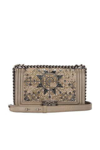 chanel Chanel Crystal Embellished Calfskin Boy Bag in Grey - Taupe. Size all. | FWRD 