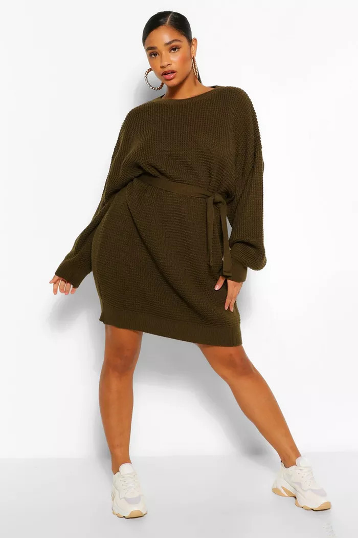 Plus Waffle Knitted Self Belt Sweater Dress | boohoo (US & Canada)