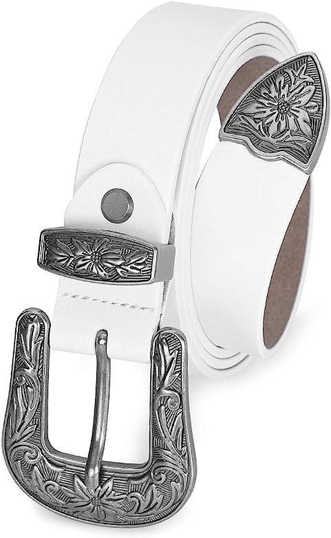 Women Vintage Western Leather Jeans Belts Ladies Designer Dress Belt Silver Buckle | Amazon (US)