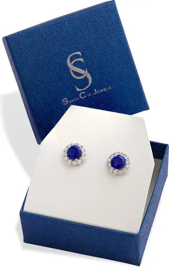 Halo Set CZ Lab Created Sapphire Stud Earrings | Nordstrom Rack