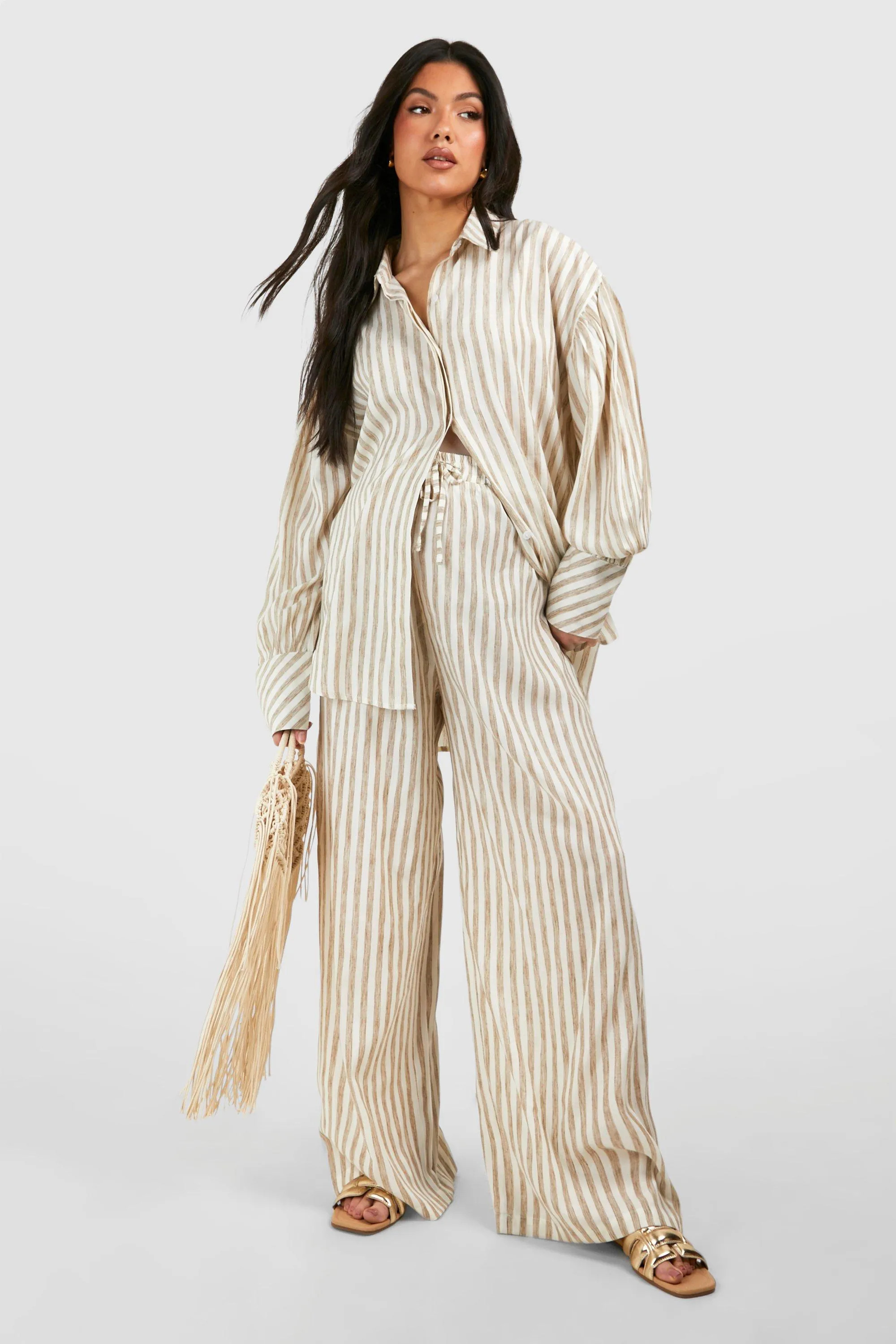 Maternity Linen Look Stripe Straight Leg Trouser | boohoo (US & Canada)