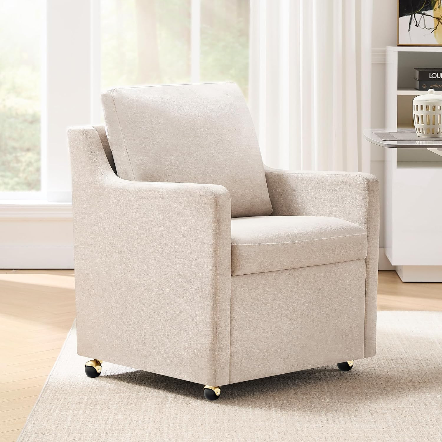 Linen Dining Chair with Casters Modern Storage Seat Design for Relaxing Upholstered Arm Chair, Si... | Amazon (US)