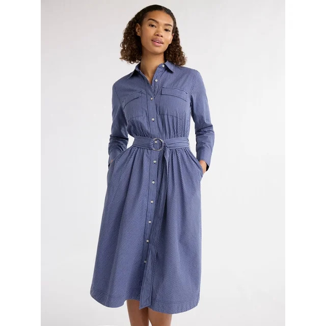 Free Assembly Women's Belted Cotton Midi Shirtdress with Long Sleeves, Sizes XS-XXXL - Walmart.co... | Walmart (US)