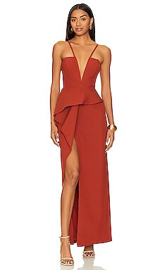 BCBGMAXAZRIA V Neck Ruffle Gown in Red Ochre from Revolve.com | Revolve Clothing (Global)