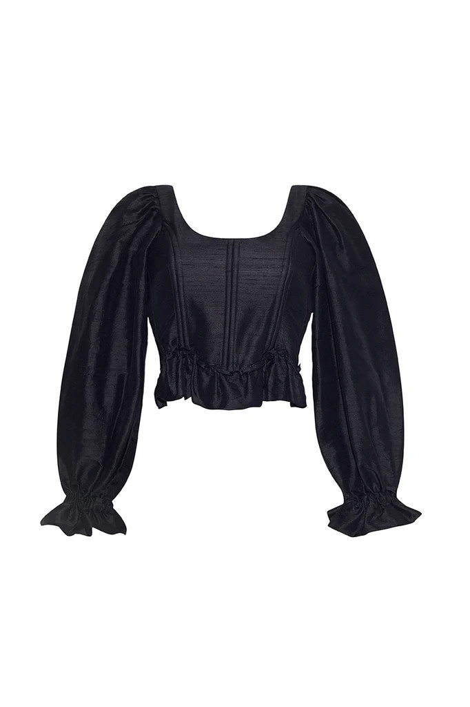 The Sofia Corset Top in Black Silk Dupioni | Over The Moon