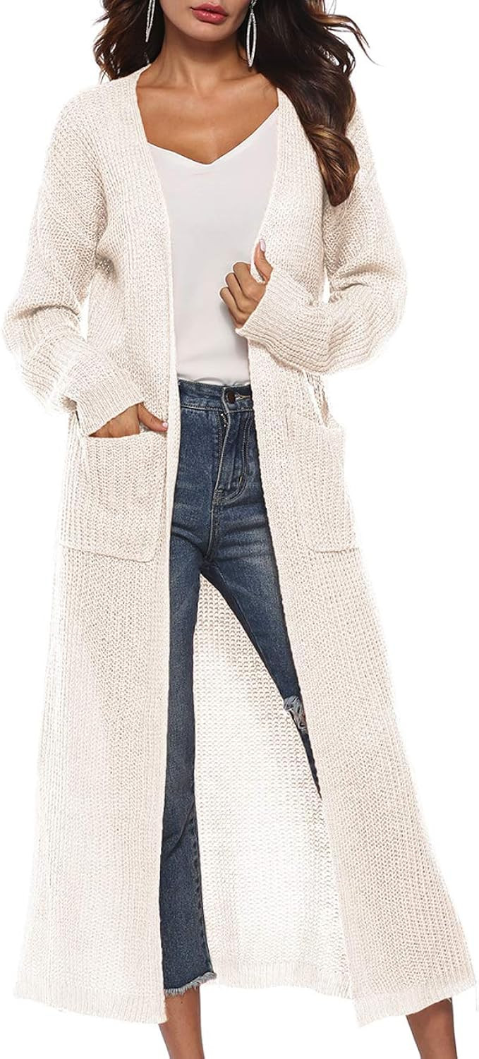 Womens Casual Long Sleeve Split Open Cardigan Knit Long Cardigan Sweaters with Pockets | Amazon (US)