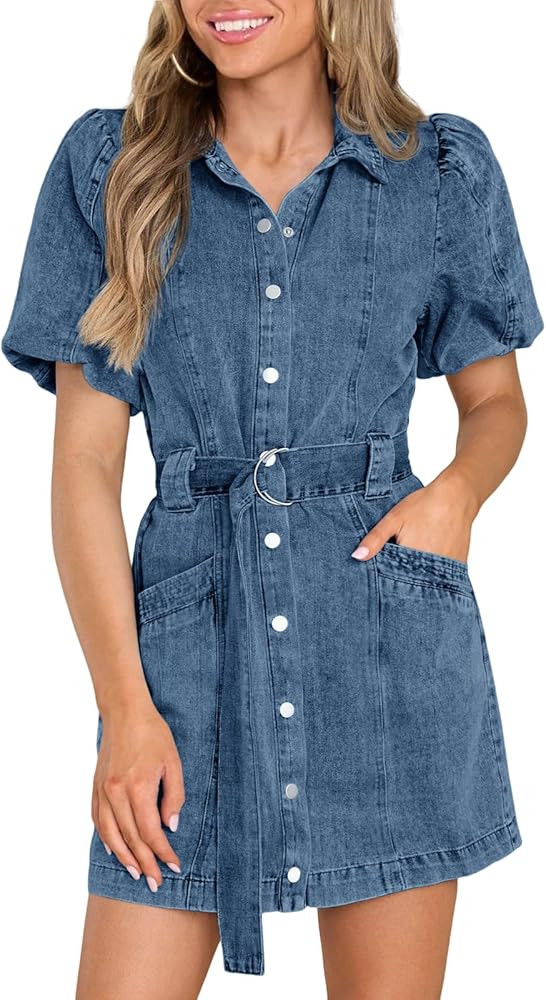 Fisoew Womens Denim Mini Dress Button Down Casual Belted Puff Short Sleeve Jean Dress with Pocket... | Amazon (US)