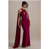 Rhoda | Burgundy Twist Halter-Neck Cape Maxi Dress | Club L London