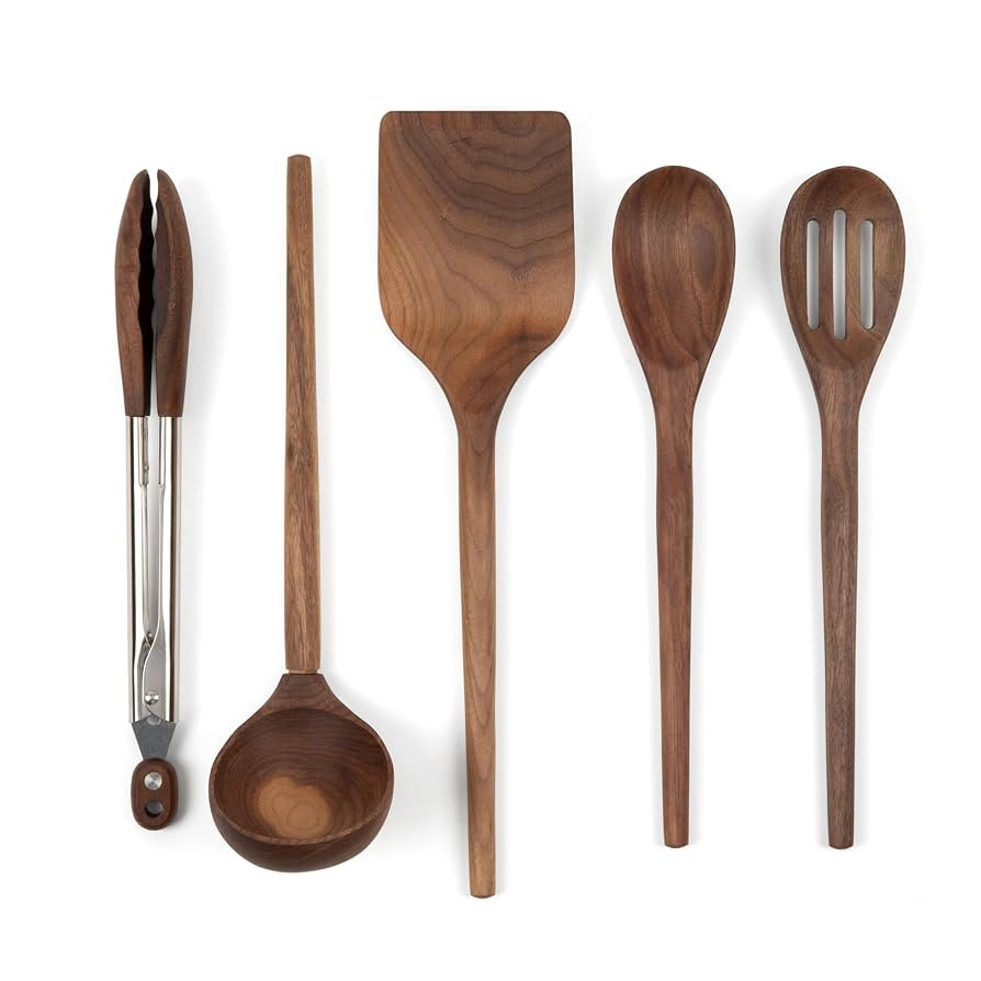 Salt & York 5-piece Walnut Wooden Kitchen Utensil Set - Includes Turner, Tongs, Slotted Spoon, La... | Amazon (US)