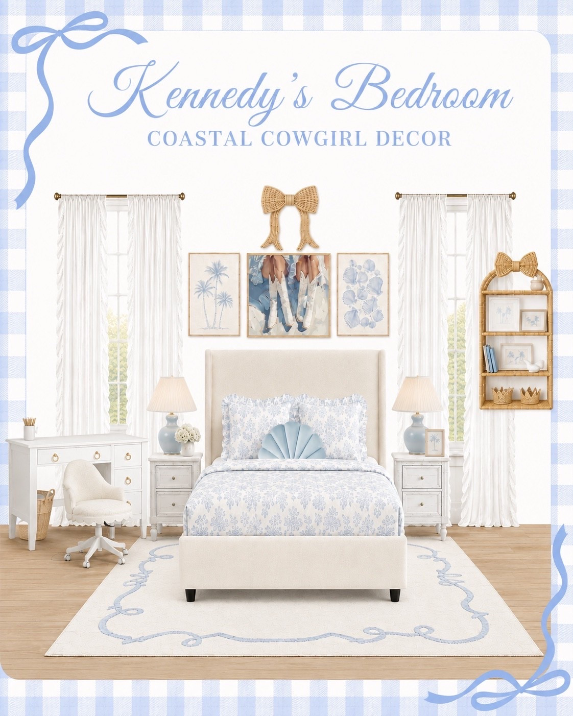 Still adding a few final details, but here’s the vision for Kennedy’s coastal cowgirl bedroom. 🤍 I’m already obsessed with how it’s coming together! 

#girlsbedroom #bedroommakeover #coastalcowgirl #coastalbedroom #girlsroomdecor #blueandwhitedecor #bedroominspo #kidsroomdecor #ltkhome #ltkfinds #coastaldecor #roomreveal

#LTKHome #LTKKids