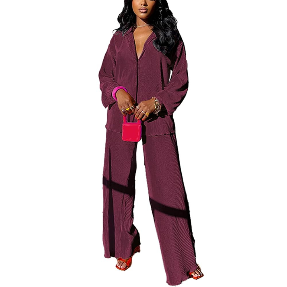 kaimimei Casual 2 Piece Outfit for Women - Linen Long Sleeve Button Down Shirt + Flare Pleated Wi... | Amazon (US)