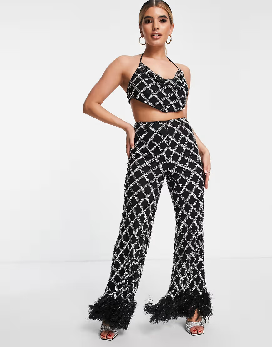 ASOS LUXE embellished flare pant with faux feather hem in black and silver - part of a set | ASOS (Global)