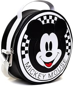 Disney Bag, Crossbody, Round, Mickey Mouse Smiling Face Applique Checker White Black, Vegan Leath... | Amazon (US)