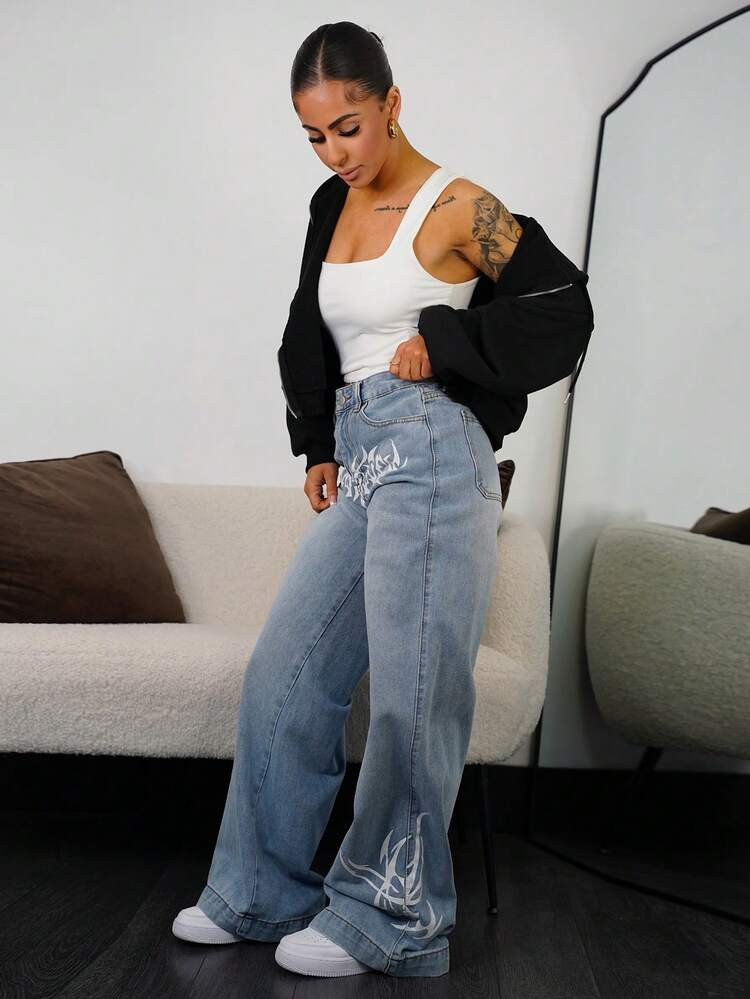 SAYEHFBABY Women's Graphic Print Pocket Casual Wide Leg Jeans | SHEIN