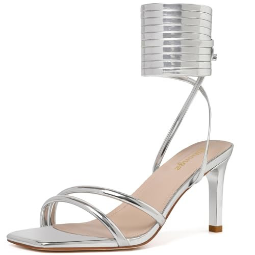 RIBONGZ Silver Strappy Heels for Women Square Open Toe Tie Up Sandals Ankle Strap Lace Up Stiletto High Heels Sexy for Wedding Prom Party Comfort Dress Shoes 11 | Amazon (US)