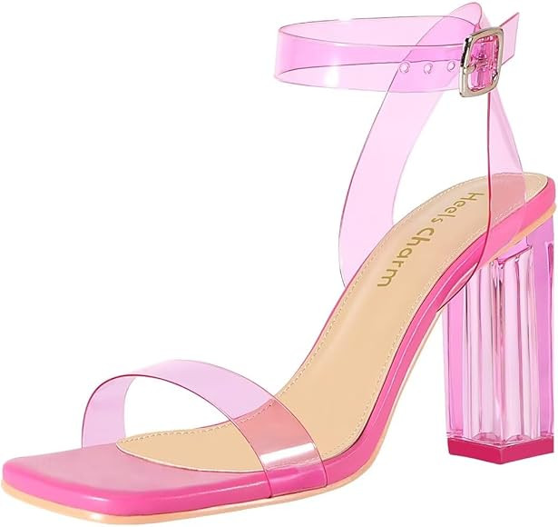 Heels Charm Women's Clear Chunky Block Heeled Sandals 3.74 Inches Open Toe Ankle Strap Block High... | Amazon (US)