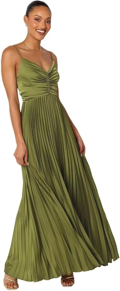 Pleated Satin Bridesmaid Dresses for Women Spaghetti Strap Prom Gown V-Neck Long Formal Wedding G... | Amazon (US)