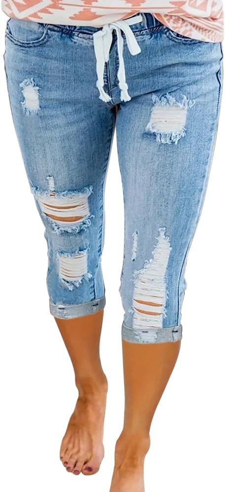 KUNMI Women High Waist Skinny Stretch Ripped Jeans Destroyed Denim Pants Plus Size | Amazon (US)