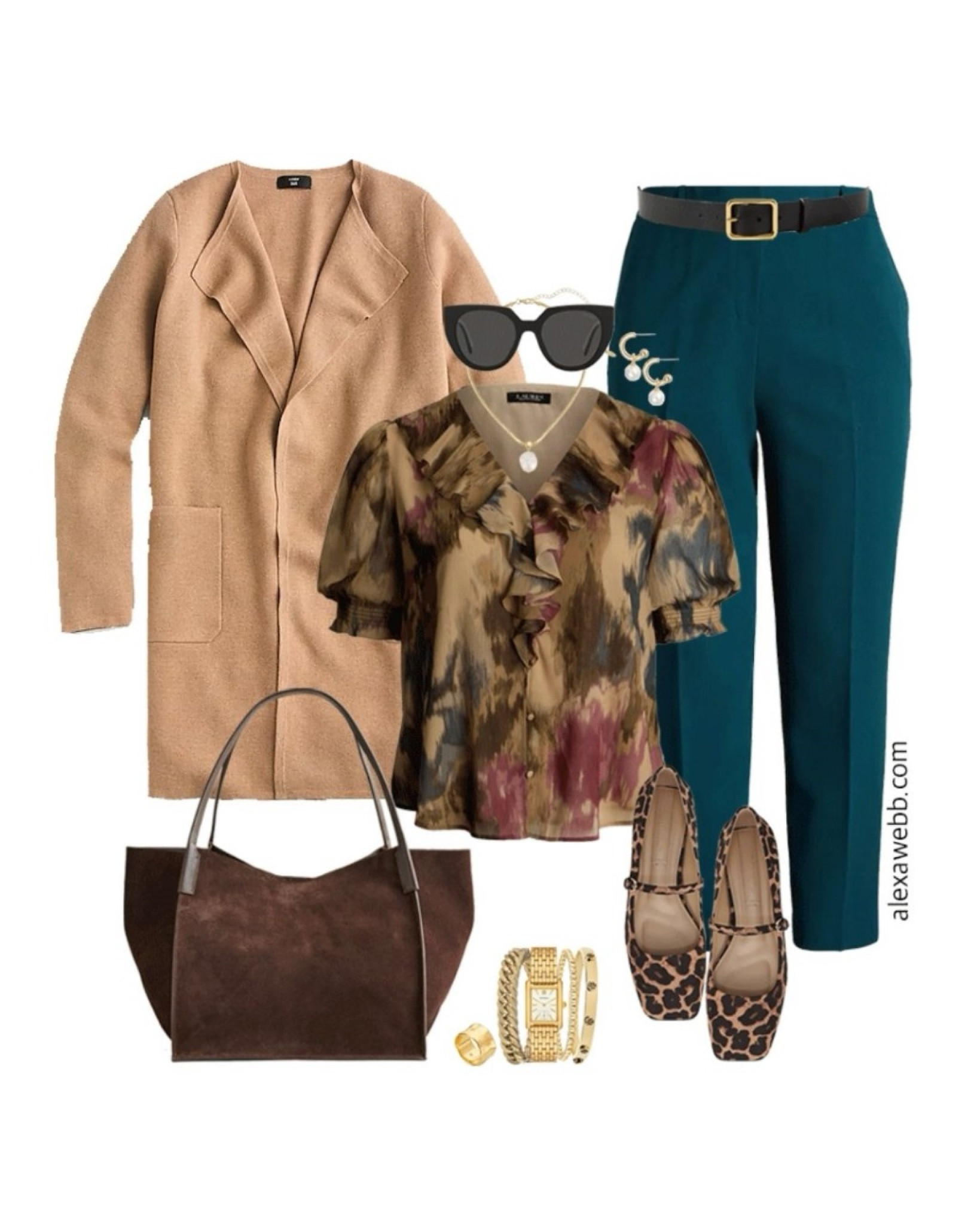 Plus size fall business casual work capsule wardrobe with a cardigan blazer, floral blouse, teal pants and leopard Mary Jane flats. Alexa Webb 

#LTKStyleTip #LTKPlusSize #LTKWorkwear