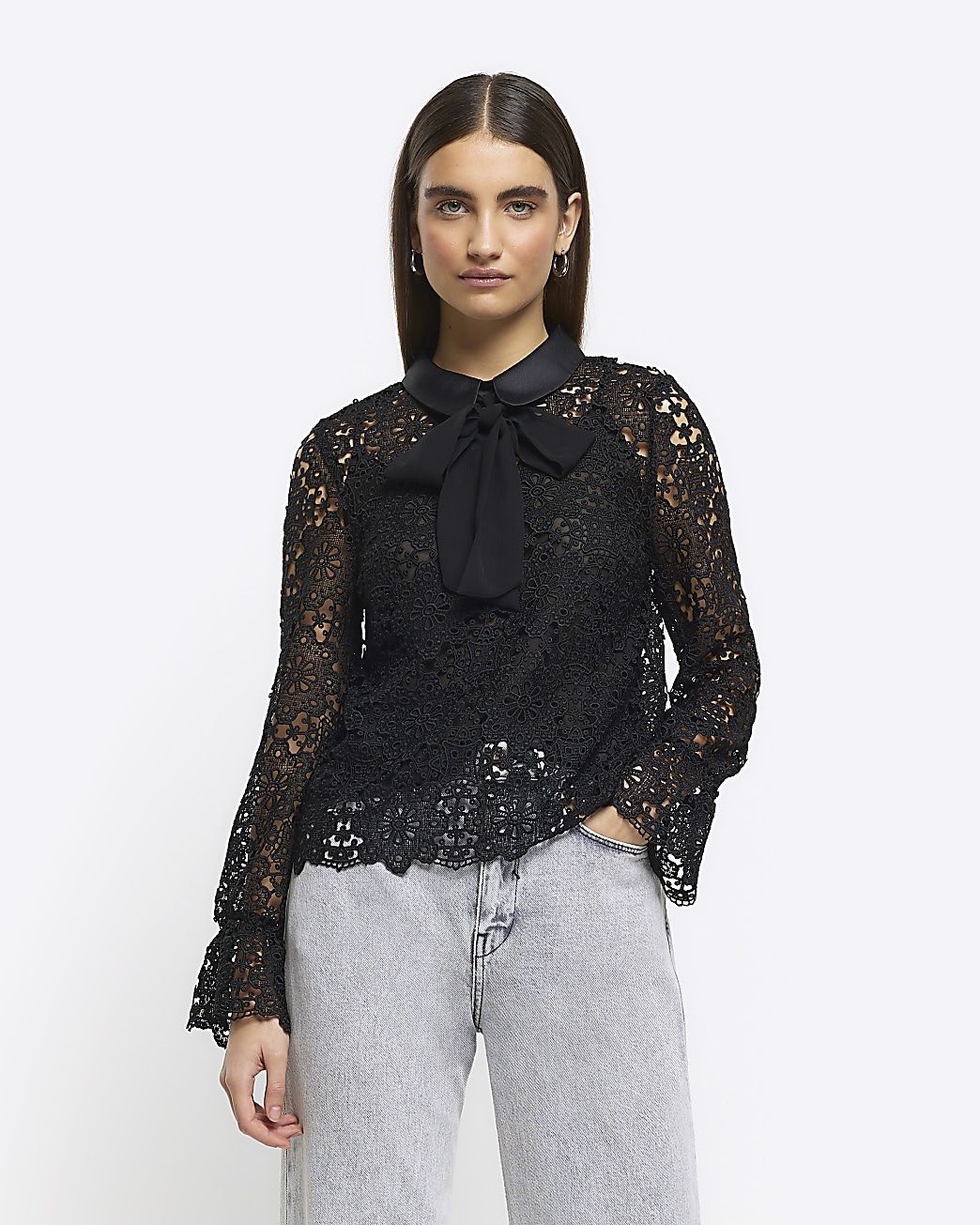 Black lace bow detail blouse | River Island (UK & IE)
