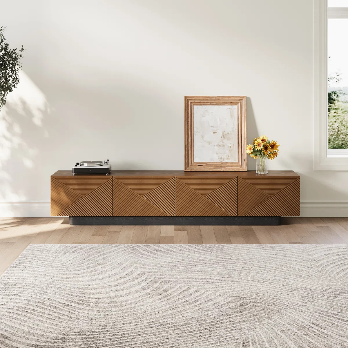 78.74" Mid Century Modern TV Stands, with Brown Solid Wood Veneer, Media Consoler with 4 Cabinets | Wayfair North America