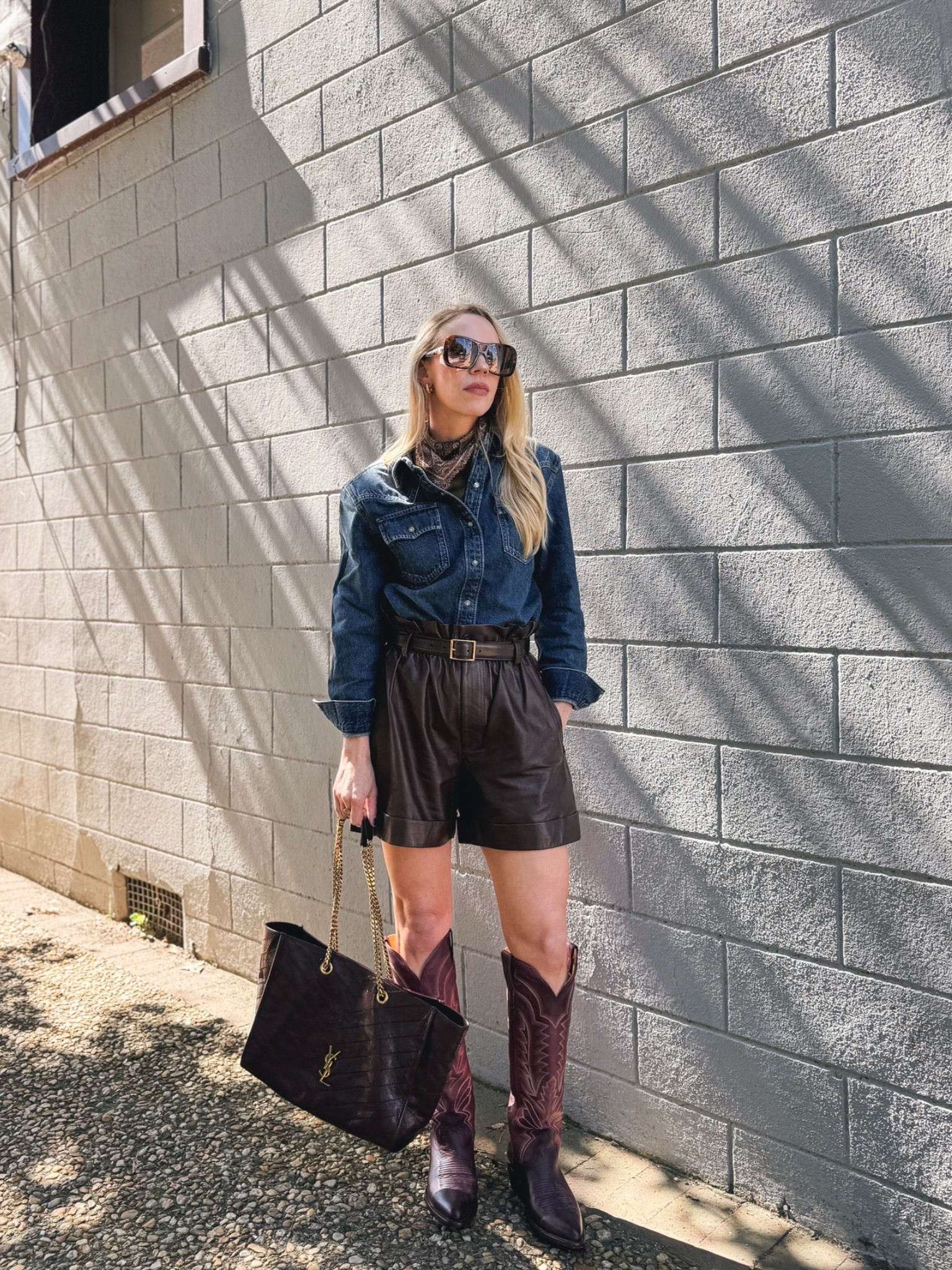 Fall western outfit with paisley scarf, @levi denim shirt, leather shorts, @Tecovas burgundy cowboy boots

#LTKSeasonal #LTKOver40 #LTKSaleAlert
