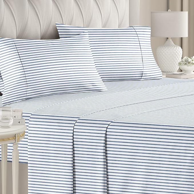 Striped Bed Sheets - Pin Striped Sheets - Blue and White Sheets - White and Blue Striped Sheets -... | Amazon (US)