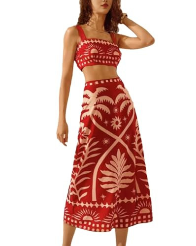 THLAI Women 2 Piece Midi Skirt Sets Tropical Print Crop Top and Midi Skirt Set Summer Casual Vacation Outfits | Amazon (US)