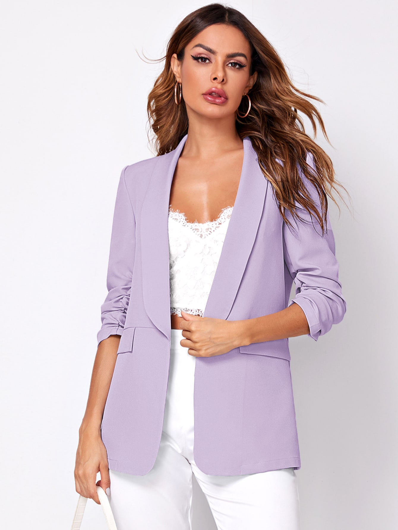 SHEIN Shawl Collar Gathered Sleeve Flap Detail Blazer | SHEIN