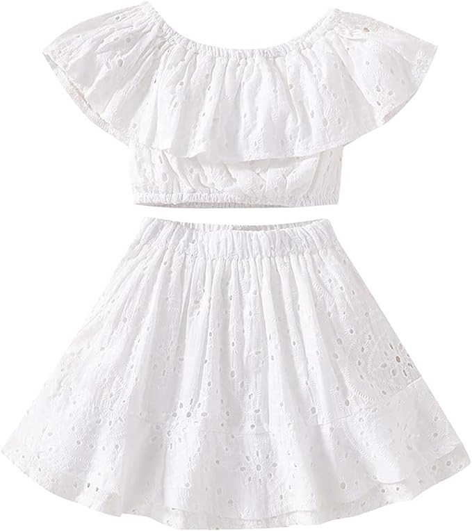 Kids Baby Girls Outfits Floral Ruffle Off Shoulder Crop Tops + Bowknot Denim Shorts Skirt Set Tod... | Amazon (US)