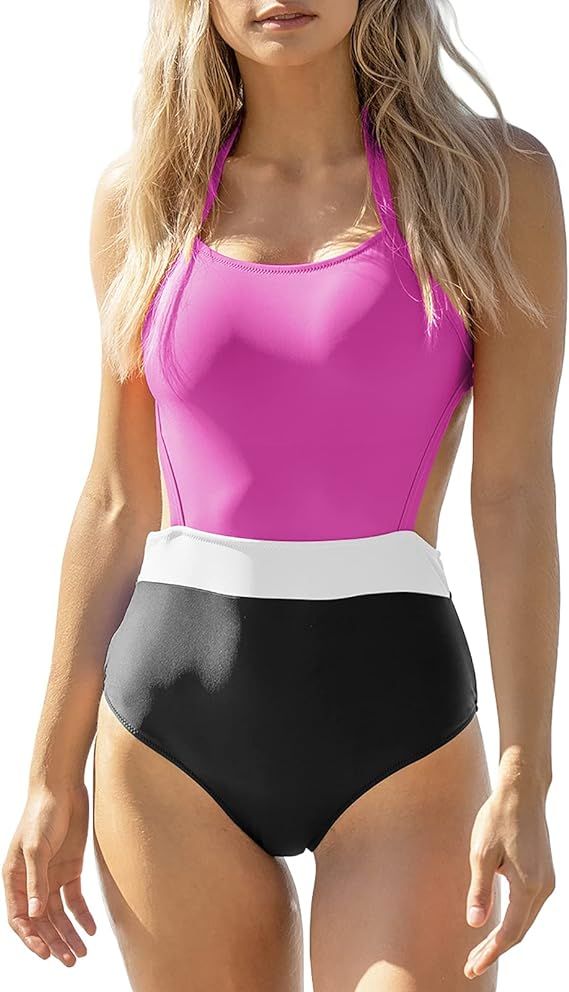 Womens Halter One Piece Swimsuit Tummy Control High Cut Bathing Suit Padded Color Block Monokini ... | Amazon (US)