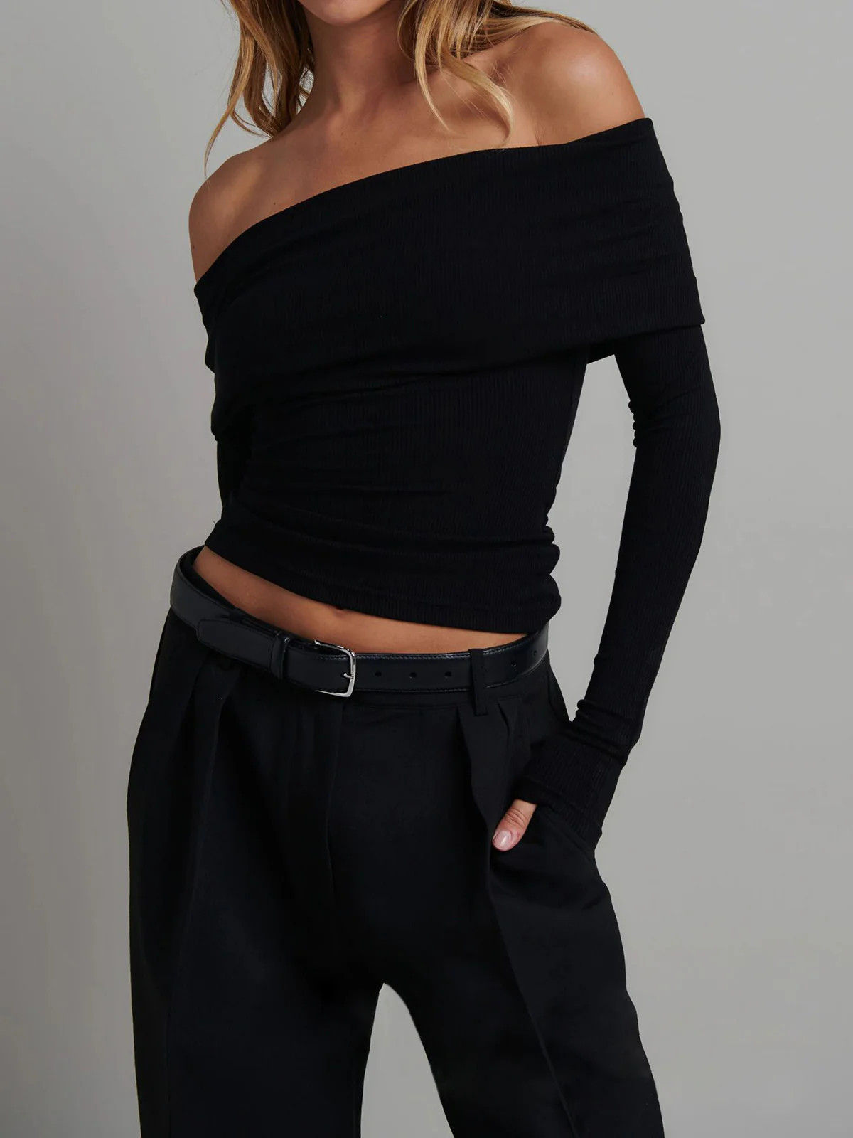 Off Shoulder Overfold Long Sleeve Crop Shirt | Commense