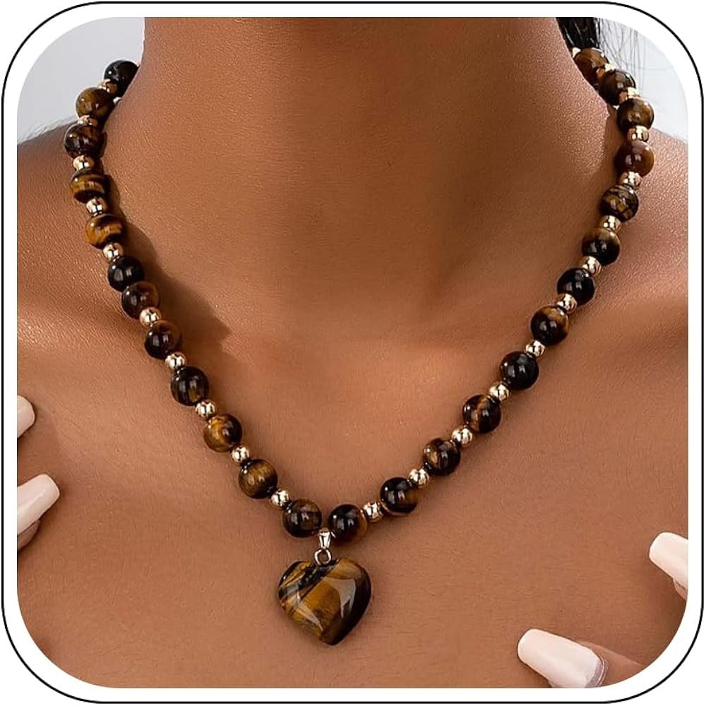 Chunky Heart Necklace Beaded Choker Brown Statement Necklace Black White Hot Pink Heart Pendant E... | Amazon (US)