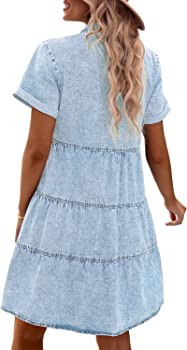 GRAPENT Denim Dress for Women Babydoll Tiered Short Sleeve Button Down Jean Shirt Dresses | Amazon (US)