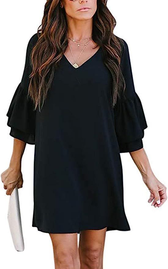 MISSLOOK Women's Dress V-Neck Cute Bell Sleeve Loose Shift Dress Swing Mini Dress | Amazon (US)