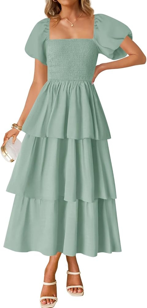 ZESICA Women's 2025 Summer Boho Midi Dress Short Puff Sleeve Flowy A Line Tiered Beach Vacation L... | Amazon (US)