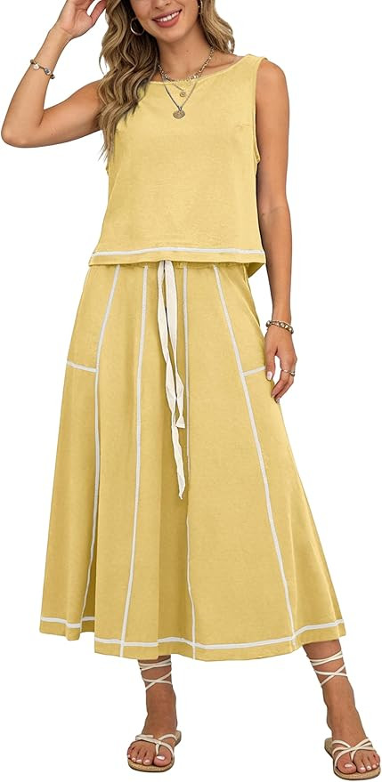 Women’s 2 Piece Cotton Skirt Set Sleeveless Draped Tank Top Drawstring Midi Skirt Y2K Lounge Ou... | Amazon (US)