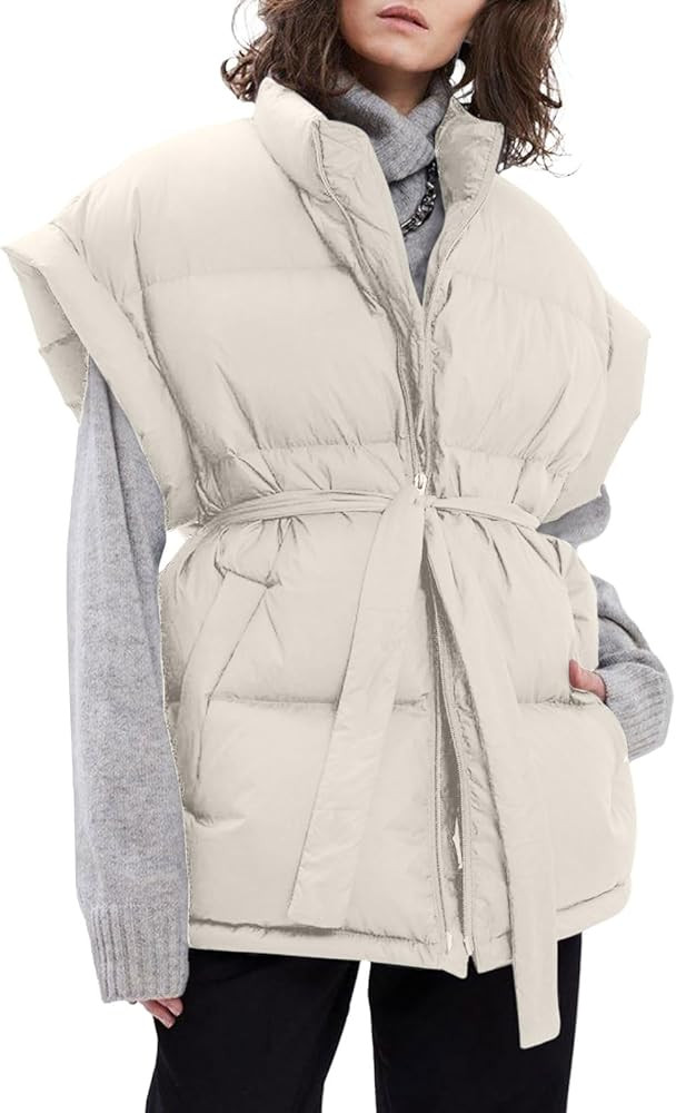 Langwyqu Women Oversized Puffer Vests Sleeveless Stand Collar Zipper Puffy Jackets with Belt | Amazon (US)