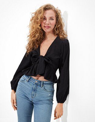 AE Long-Sleeve Tie-Front Blouse | American Eagle Outfitters (US & CA)