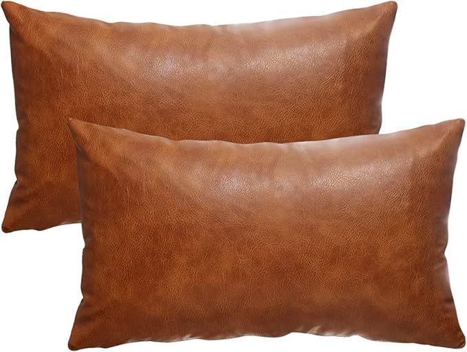 GEGELICA 12X20 Inch Brown Faux Leather Throw Pillow Covers Set of 2 Modern Farmhouse Solid Outdoo... | Amazon (US)