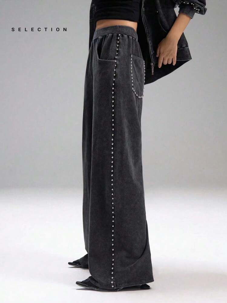 LYSMO SELECTION 2025 New Arrive Minimalism Fall Women's Casual Loose Fit Sweatpants With Rhinestone Decoration Back To School, Homecoming, 2000s Style, Y2K Clothes Women, Streetwear For Going Out Outfits, Back To School, Graduation, Streetwear, Grunge And Punk Chic, Y2K Clothes And Stockholm Style, Edgy Clothes Woman And Unique Clothes Halloween Clothes | SHEIN