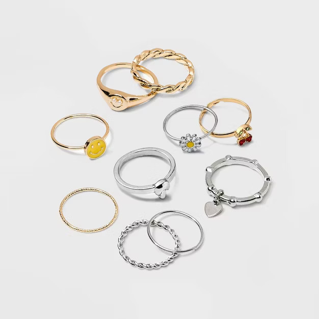 Flower Smiley Face and Heart Ring Set 10pc - Wild Fable™ | Target