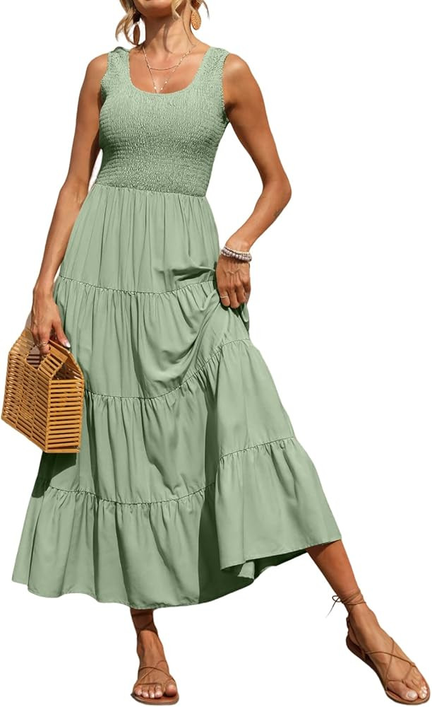 PRETTYGARDEN Women's 2024 Casual Loose Plain Maxi Sundress Smocked Tank Dress Sleeveless Summer B... | Amazon (US)