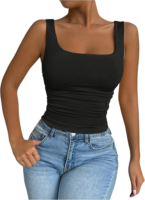 SOLY HUX Women's Summer Sleeveless Square Neck Tank Top Ruched Slim Fit Basic Vest Tops | Amazon (US)