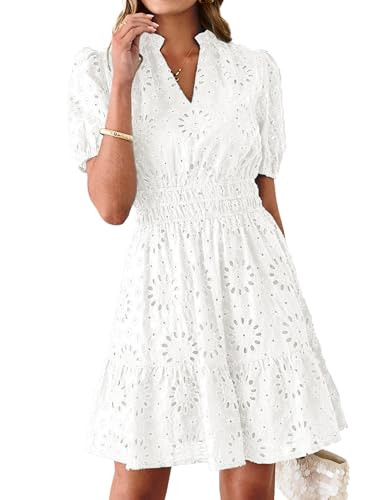 BerryGo Womens Summer Eyelet Mini Dress Beach Casual Embroidery Lace Puff Short Sleeve V Neck Boh... | Amazon (US)