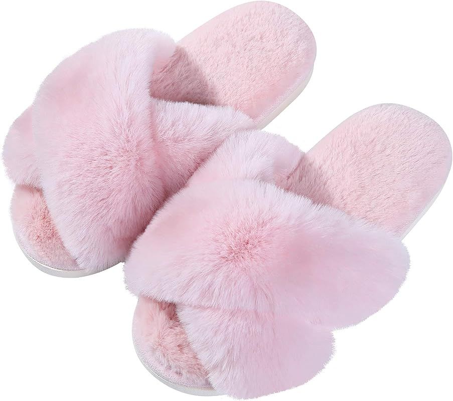 Women's Fuzzy Slippers Cross Band Memory Foam House Slippers Open Toe | Amazon (US)