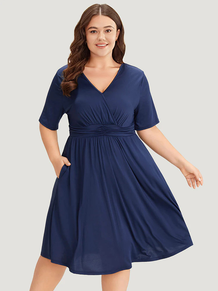 Supersoft Essentials Solid Surplice Neck Ruched Front Dress | Bloomchic