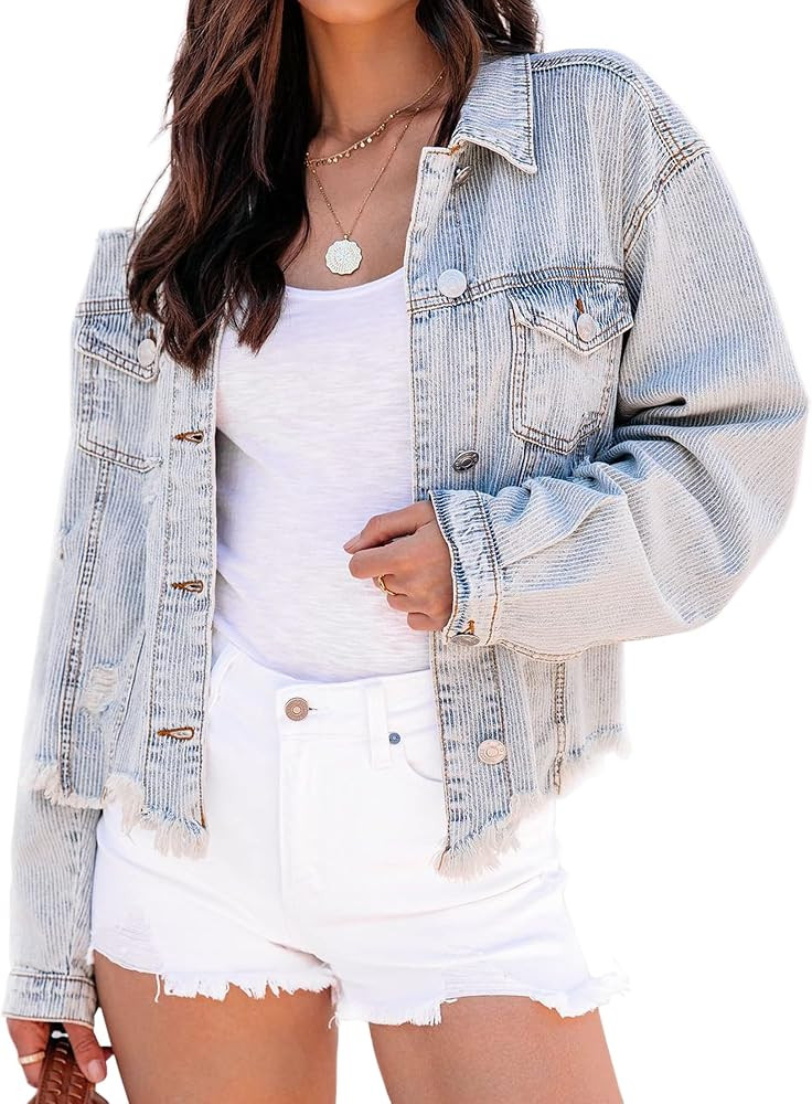 Justalwart Women's Oversized Vintage Denim Jacket Long Sleeve Boyfriend Coat | Amazon (US)
