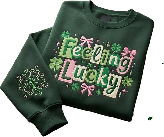 Embroidered Feeling Lucky Sweatshirt Women St Patricks Day Crewneck Green Shamrock Clover Pullove... | Amazon (US)