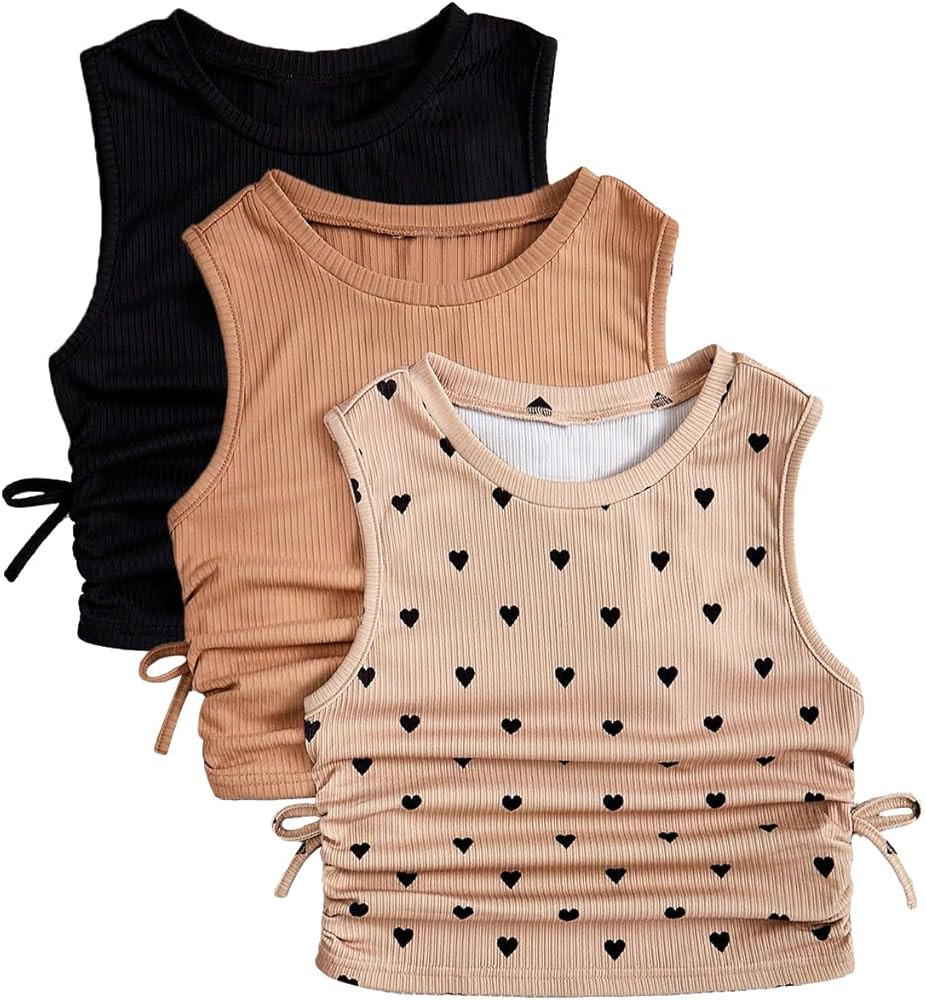 Milumia Girl's 3 Pack Heart Print Ruched Ribbed Knit Tank Tops Sleeveless Summer Tops Set | Amazon (US)
